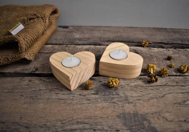 Handmade Tea Light Heart Shape Holder Set Of 2, Wooden Candle Holder, Anniversary Gifts , Home Decor - image 1