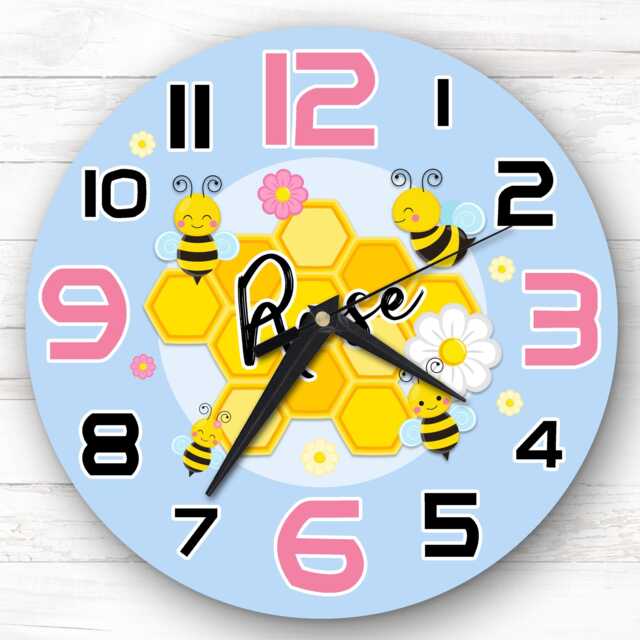 Girls Bee Honey Children's Personalised Gift For Kid's Bedroom Clock - Kids Clock, , Custom Wall - image 1