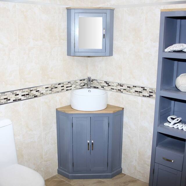 Grey Painted Corner Bathroom Vanity - Oak Top, Ceramic Basin - image 1
