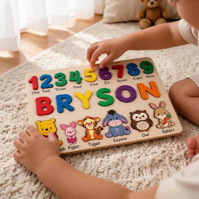 Personalized Winnie The Pooh Wooden Name Puzzle, Custom Baby Gifts Puzzle With Numbers, Geometry Shapes, First Birthday Gift - image 1