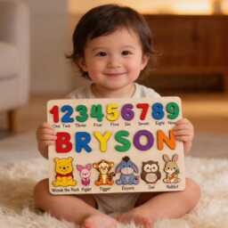 Personalized Winnie The Pooh Wooden Name Puzzle, Custom Baby Gifts Puzzle With Numbers, Geometry Shapes, First Birthday Gift - thumbnail 3