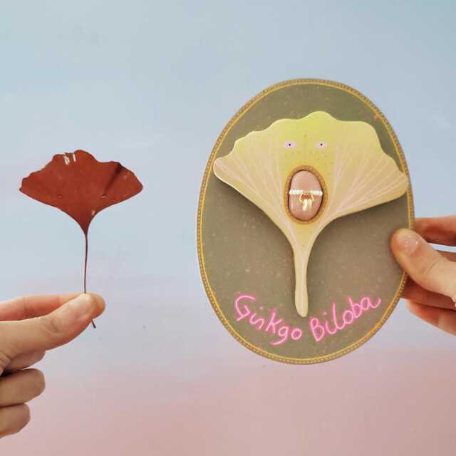 Botanical Wall Sculpture - Ginkgo Biloba - Wooden Plant Art & Pink Opal Stone, Poetic Talisman One-Of-A-Kind Piece Inspired By Nature - image 1