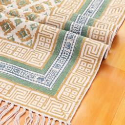 5x8 Block Printed Cotton Rug, Geometric Kilim Boho Style - thumbnail 2