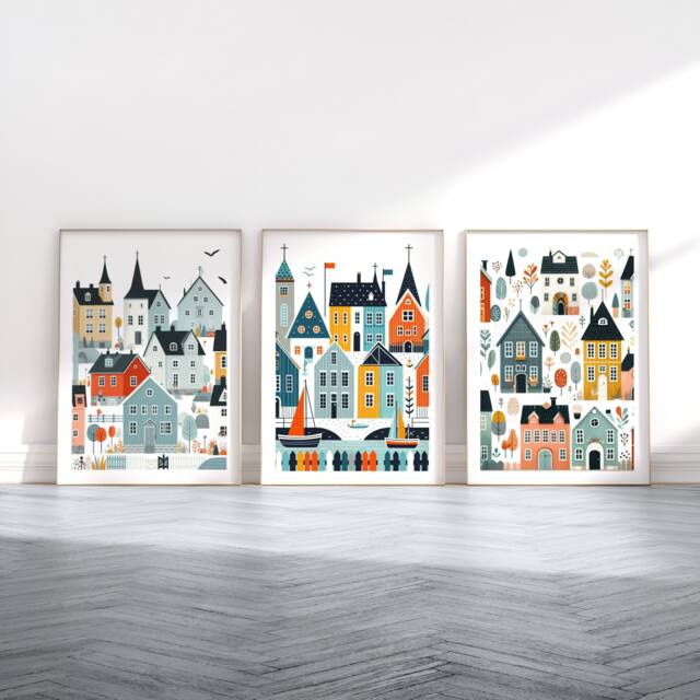 Scandinavian Houses Print Set - 3 Scandi Style Posters - Wall Art Scandanavian Design Colourful House Artwork Nordic Home Decor - image 1