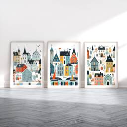 Scandinavian Houses Print Set - 3 Scandi Style Posters - Wall Art Scandanavian Design Colourful House Artwork Nordic Home Decor - thumbnail 1