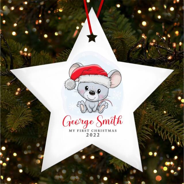 Santa Mouse Baby's 1St Star Personalised Christmas Tree Ornament Decoration