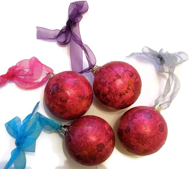 Christmas Bauble Decorations Tree Hanging Hot Pink Bollywood Decoupaged Organza Ribbon Blue Purple Orange Spicy - image 1