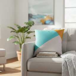 Aqua Yellow Geometric Pillow Cover, Color Block Cotton Cushion With Biogen Faux Leather - thumbnail 1