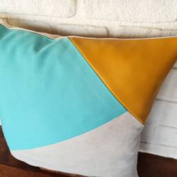 Aqua Yellow Geometric Pillow Cover, Color Block Cotton Cushion With Biogen Faux Leather - thumbnail 3