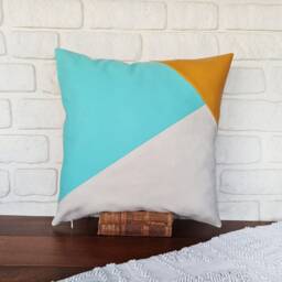 Aqua Yellow Geometric Pillow Cover, Color Block Cotton Cushion With Biogen Faux Leather - thumbnail 2