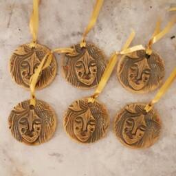 Small Handmade Yellow Ceramic Woman Face Wall Hanging Christmas Tree Ornament - thumbnail 4