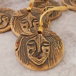 Small Handmade Yellow Ceramic Woman Face Wall Hanging Christmas Tree Ornament