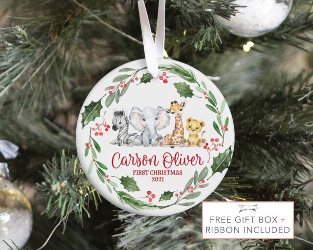 Safari Baby First Christmas Ornament, Personalized Jungle Animal Christmas, Holiday Ornament - image 1