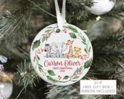 Safari Baby First Christmas Ornament, Personalized Jungle Animal Christmas, Holiday Ornament - thumbnail 1