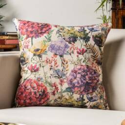 Watercolour Meadow Linen Blend Extra-Large Cushion. Multicoloured Handpainted Style Floral Garden Design in Pink, Purple & Green. 23X23