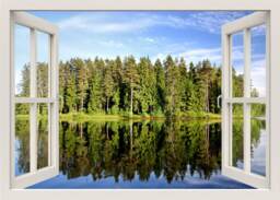 Mountains View Wall Decal, 3D Window Lake Trees Nature Frame, Mural, Home Decor Mural