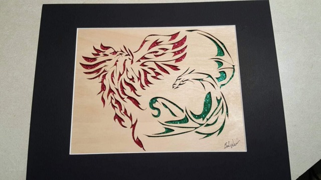 Fighting Phoenix & Dragon, Woodcut. Hand Cut With A Scroll Saw - image 1