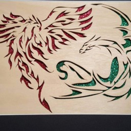 Fighting Phoenix & Dragon, Woodcut. Hand Cut With A Scroll Saw - thumbnail 2