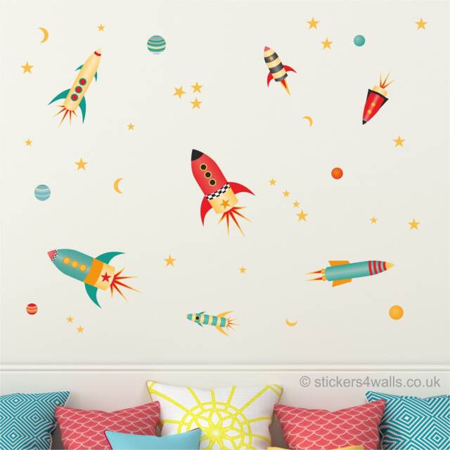 Rocket & Planet Fabric Wall Decals Reusable Space Stickers - image 1