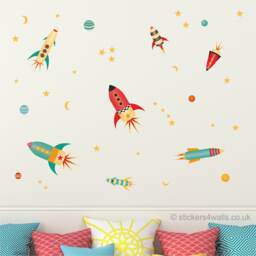 Rocket & Planet Fabric Wall Decals Reusable Space Stickers
