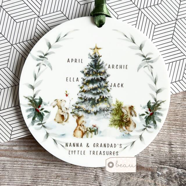 Personalised Christmas Tree Woodland Animals Grandchildren Acrylic Or Ceramic Round Ornament Keepsake Decoration Child Boy Girl Gift - image 1