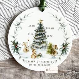 Personalised Christmas Tree Woodland Animals Grandchildren Acrylic Or Ceramic Round Ornament Keepsake Decoration Child Boy Girl Gift - thumbnail 1