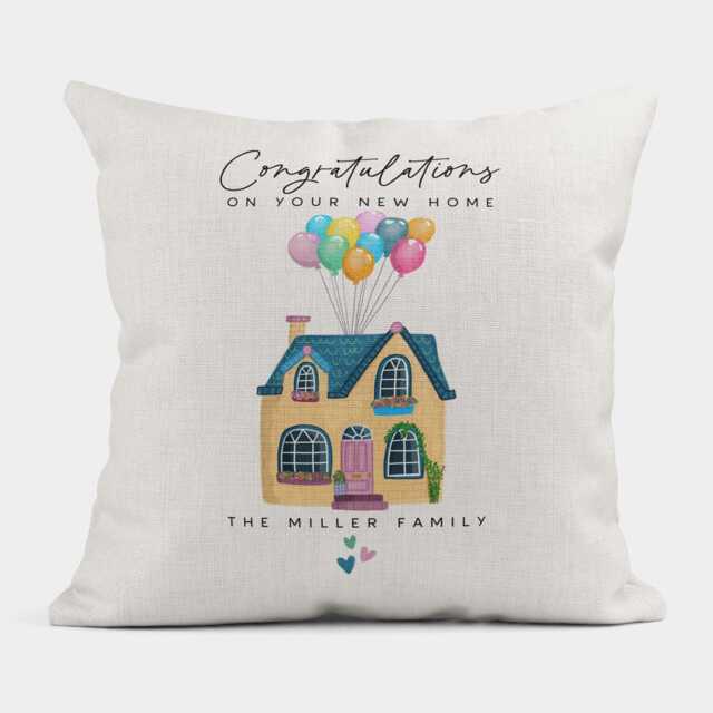 Personalised New Home Cushion, Family Name Congratulations Home, Gift - image 1