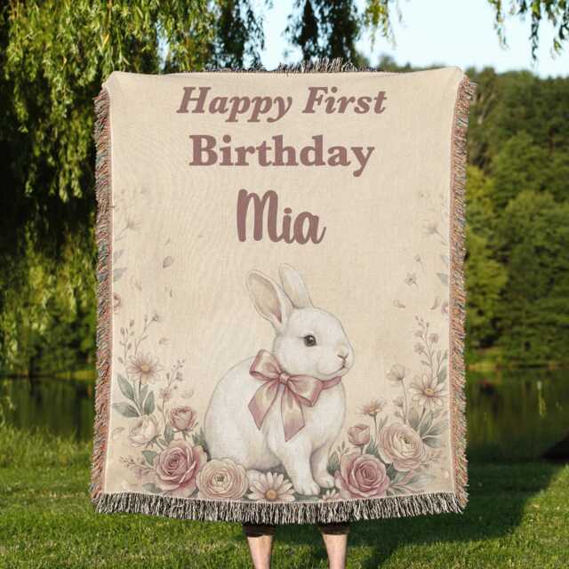 Personalized First Birthday Blanket, Custom Name Watercolor Bunny Keepsake, 1st Gift For Baby Girl, Cake Smash Throw - image 1