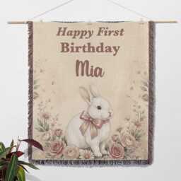 Personalized First Birthday Blanket, Custom Name Watercolor Bunny Keepsake, 1st Gift For Baby Girl, Cake Smash Throw - thumbnail 2