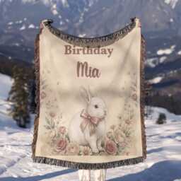 Personalized First Birthday Blanket, Custom Name Watercolor Bunny Keepsake, 1st Gift For Baby Girl, Cake Smash Throw - thumbnail 3