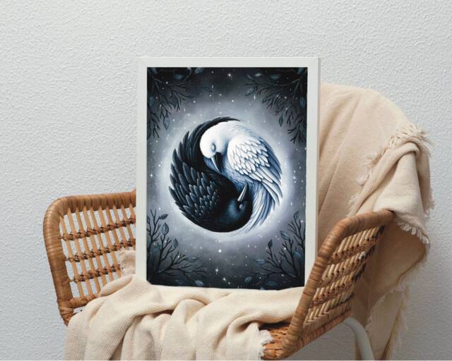 A4 A5 Crow Balance Art Print - Spiritual Spirit Guide Art Raven Witch Fantasy Poster Enchanted Night - image 1