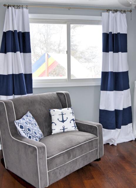 Custom Navy Blue Striped Curtains, Stripes, Color Blocked, Nautical, Nursery Window Treatments - image 1