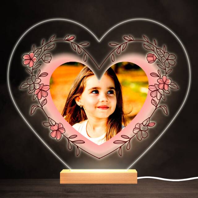 Pink Flower Border Photo Colourful Heart Personalised Gift Led Lamp Night Light - Bedroom - image 1