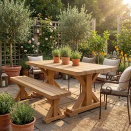 80cm Narrow Chunky Outdoor Dining Table, Thick Wooden Garden Table Uk, Handmade Patio Solid Wood - thumbnail 1