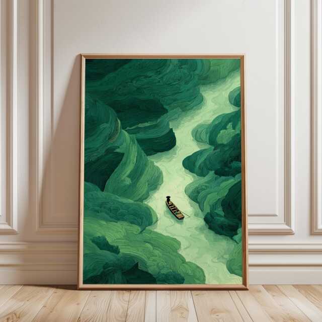 River Boat Illustration, Green Forest Poster, Nature Landscape Art Print - image 1