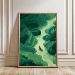 River Boat Illustration, Green Forest Poster, Nature Landscape Art Print - thumbnail 1