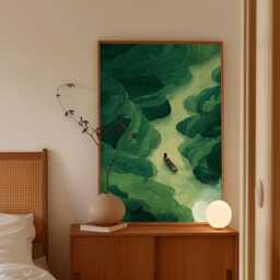 River Boat Illustration, Green Forest Poster, Nature Landscape Art Print - thumbnail 2