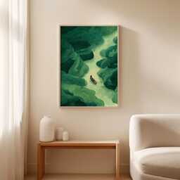 River Boat Illustration, Green Forest Poster, Nature Landscape Art Print - thumbnail 3