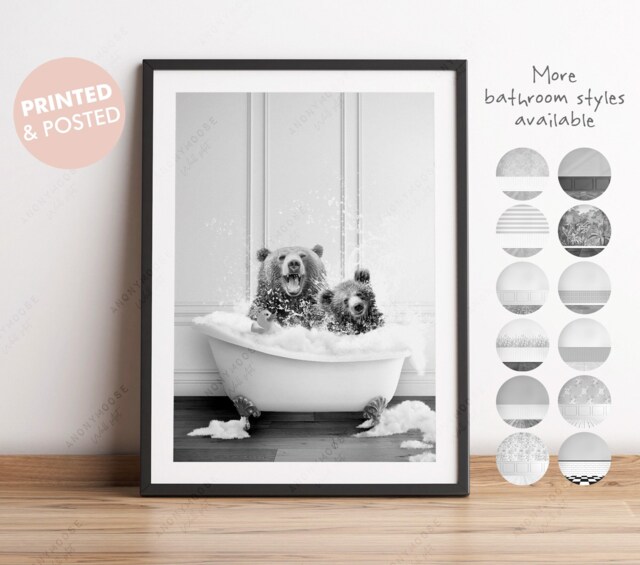 Black & White Daddy Bear Father's Day Gift. 1, 2 Or 3 Cubs Laughing With in Bath Print, Funny Gift, Bathroom Print - image 1