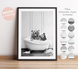 Black & White Daddy Bear Father's Day Gift. 1, 2 Or 3 Cubs Laughing With in Bath Print, Funny Gift, Bathroom Print - thumbnail 1