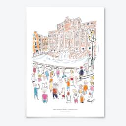 Trevi Fountain Print On Fine Art Paper - Rome Travel Illustration- Unframed - thumbnail 1
