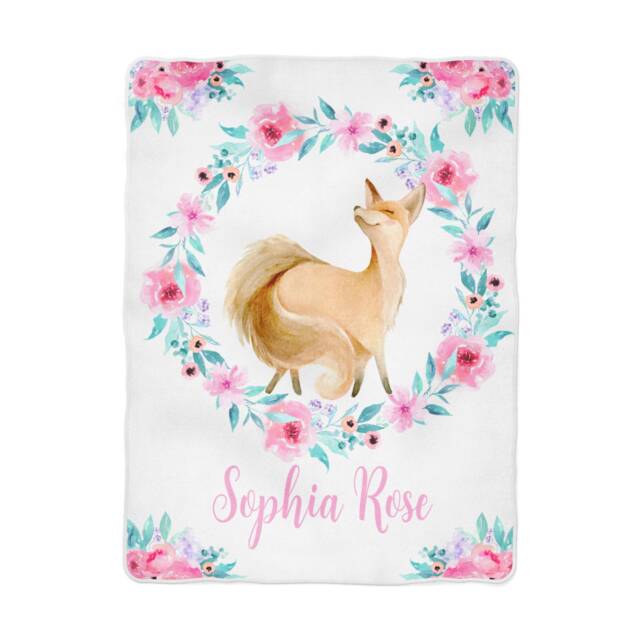 Personalized Baby Blanket With Fox & Aqua Pink Floral Wreath in Fleece, Minky, Or Sherpa. Perfect Gift - image 1