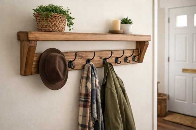 Rustic Coat & Hat Rack Shelf - 10 Black Hooks Entryway Storage - image 1