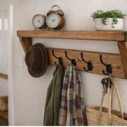 Rustic Coat & Hat Rack Shelf - 10 Black Hooks Entryway Storage - thumbnail 4