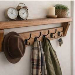 Rustic Coat & Hat Rack Shelf - 10 Black Hooks Entryway Storage - thumbnail 2