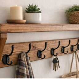 Rustic Coat & Hat Rack Shelf - 10 Black Hooks Entryway Storage - thumbnail 3