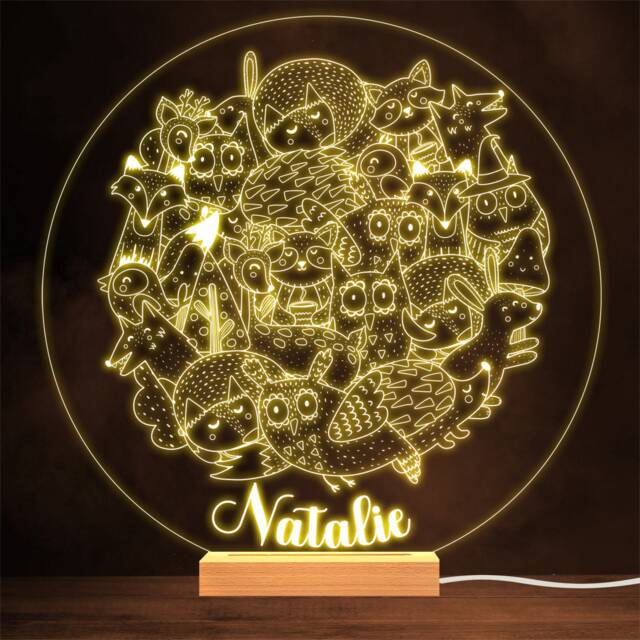 Cute Cuddling Forest Animals Nature Personalised Gift Lamp Night Light - image 1