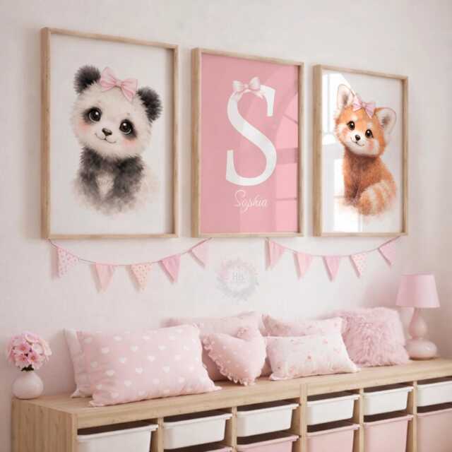Personalised Safari Nursery Print Set - Pink Girls Bow Animal Wall Art, Bedroom Decor, Panda - image 1