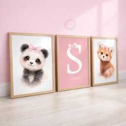 Personalised Safari Nursery Print Set - Pink Girls Bow Animal Wall Art, Bedroom Decor, Panda - thumbnail 2