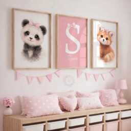 Personalised Safari Nursery Print Set - Pink Girls Bow Animal Wall Art, Bedroom Decor, Panda - thumbnail 1